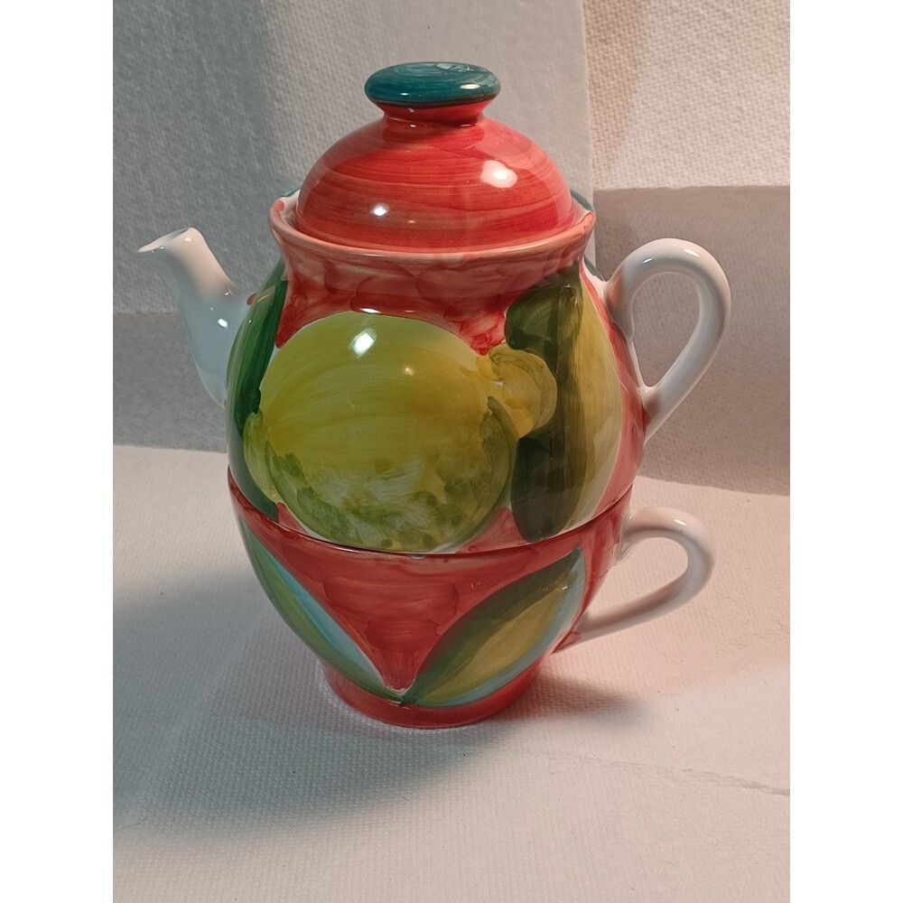 Beautiful Citrus Italian Tea for one set is a nested teapot & tea cup in one!